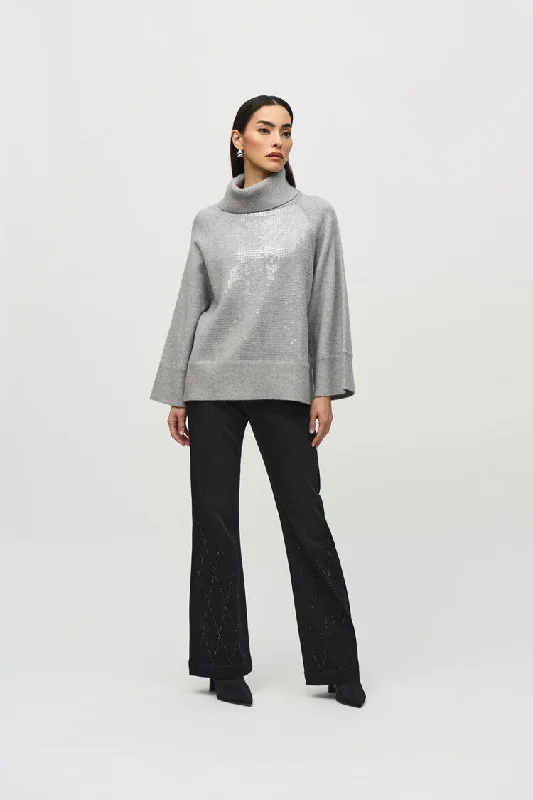 Joseph Ribkoff Grey Melange Sweater Knit Boxy Top With Sequins Detail Classy Sequin Dress