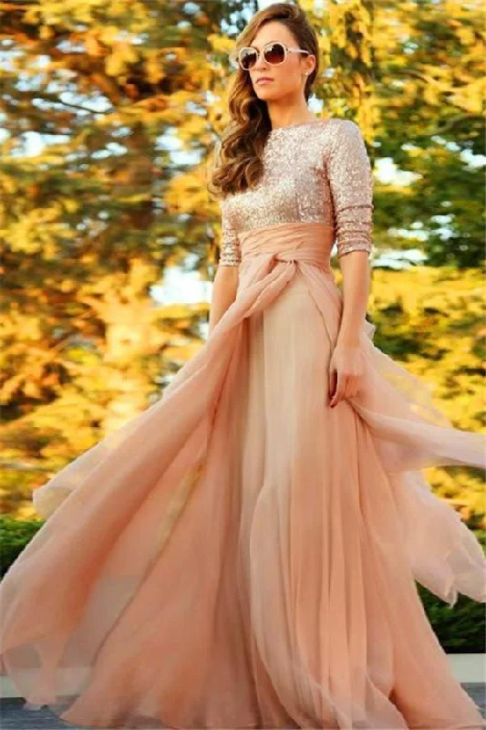 Stunning Sequins Long 2016 Evening Dress Half Sleeves Prom Gown-319003 Sequin Dress Twist