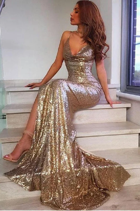 Mermaid Trumpet Sequins Spaghetti Sleeveless Open Back Straps Prom Evening Dress-333792 Elegant Glitter Sequin