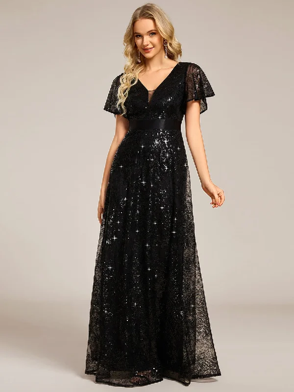 Exquisite Sequin Paillette Embroidery Evening Dresses with Ruffles Sleeve Sparkly Mini Sequin