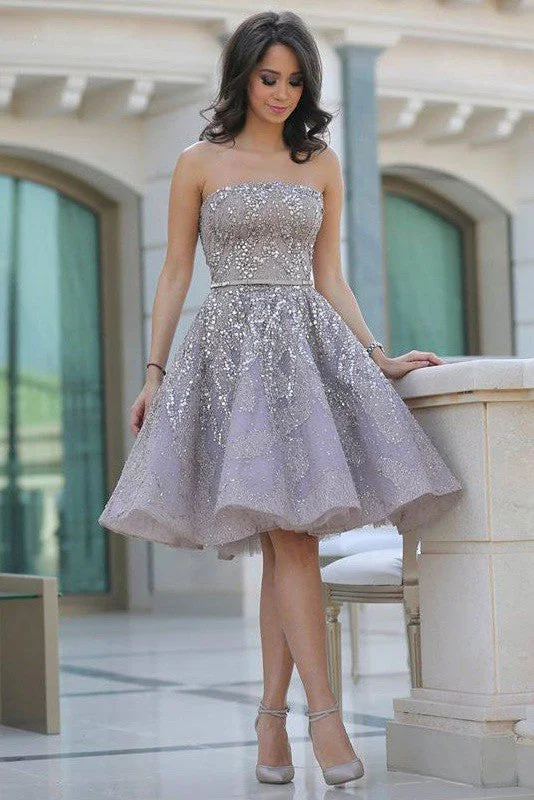 A-line Sleeveless Sequins Strapless Knee-length Homecoming Dress Prom-333969 Sequin Dress Dressy