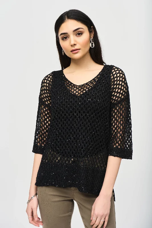 Joseph Ribkoff Black Open Stitch Sweater with Sequins Sequin Mini Dress