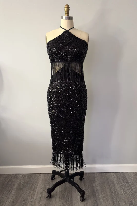 Holiday-A-GO-GO Sequin Dress with Fringe in Black Silver Glitter Sequin