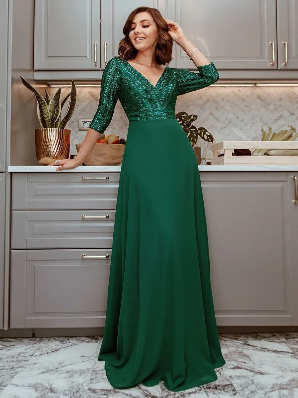 Custom Size Sexy V Neck A-Line Sequin Wholesale Evening Dresses With 3/4 Sleeve Sequin Dress Appeal