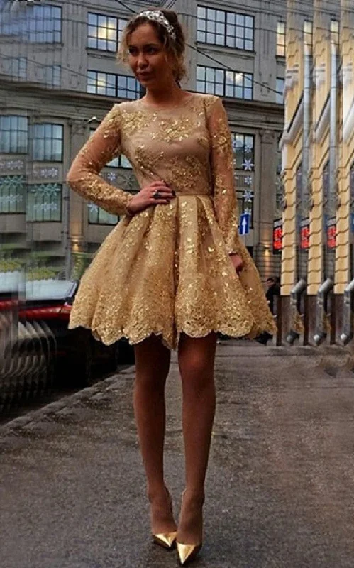 Vintage Gold Sequins Lace A-Line Short Homecoming Prom Dress-331828 Metallic Sequin Dress