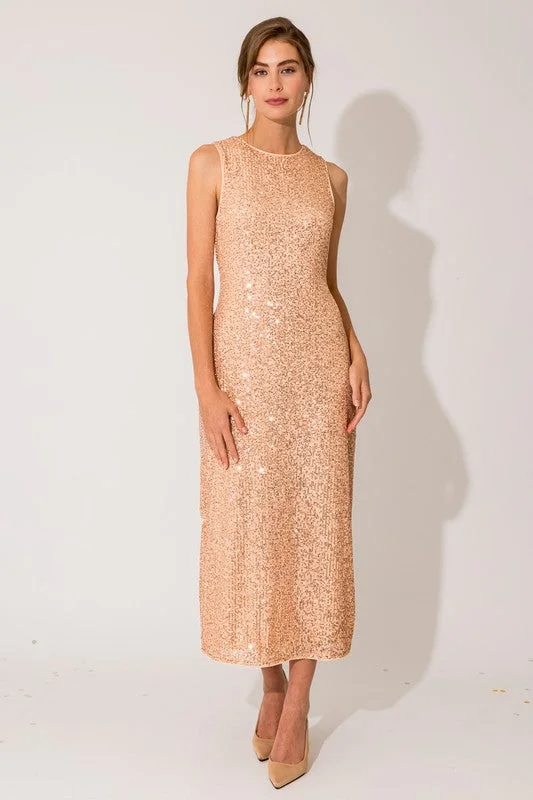 Sequin Sleeveless Round Neck Back Slit Maxi Dress Sequin Gown Party