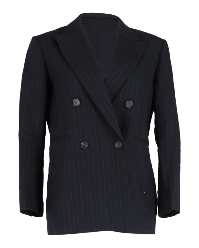 Sandro Paris Striped Double-Breasted Blazer in Navy Blue Cotton Stylish Tweed Blazer