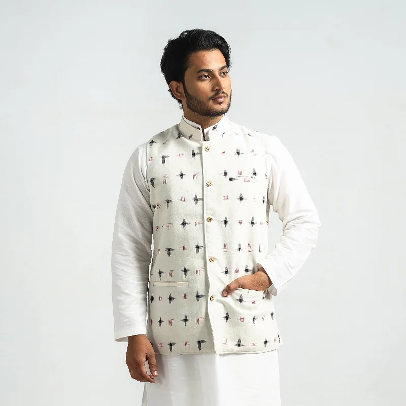 White - Pochampally Double Ikat Handloom Cotton Men Nehru Jacket Women's college jackets