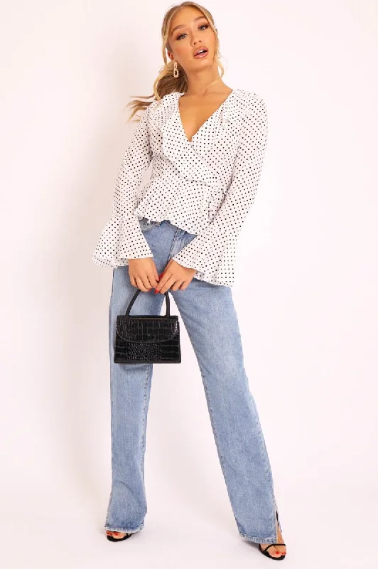 White Polka Ruffle Wrap Blouse - Calynn