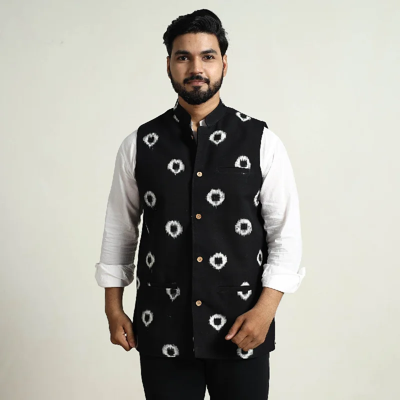 Black - Pochampally Double Ikat Handloom Cotton Men Nehru Jacket 07 Women's Levi’s jackets