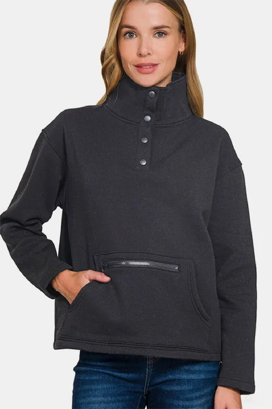 Zenana Turtleneck Half Snap Fleece Sweatshirt In Black Long Sleeve Hoodie