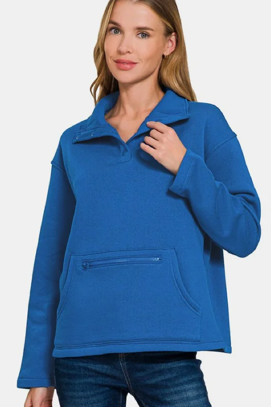 Zenana Turtleneck Half Snap Fleece Sweatshirt In Blue Warm Fleece Sweatshirts