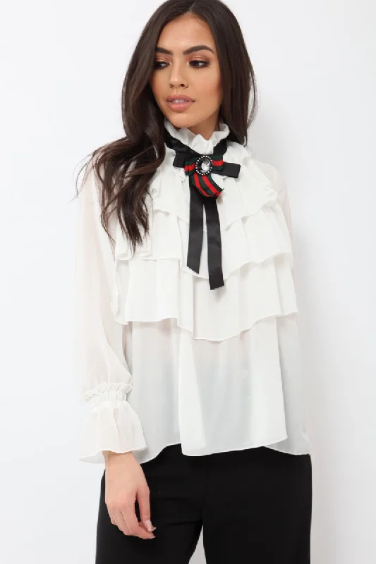 White Sheer Ruffle Blouse with Striped Neck Tie - Viktoria