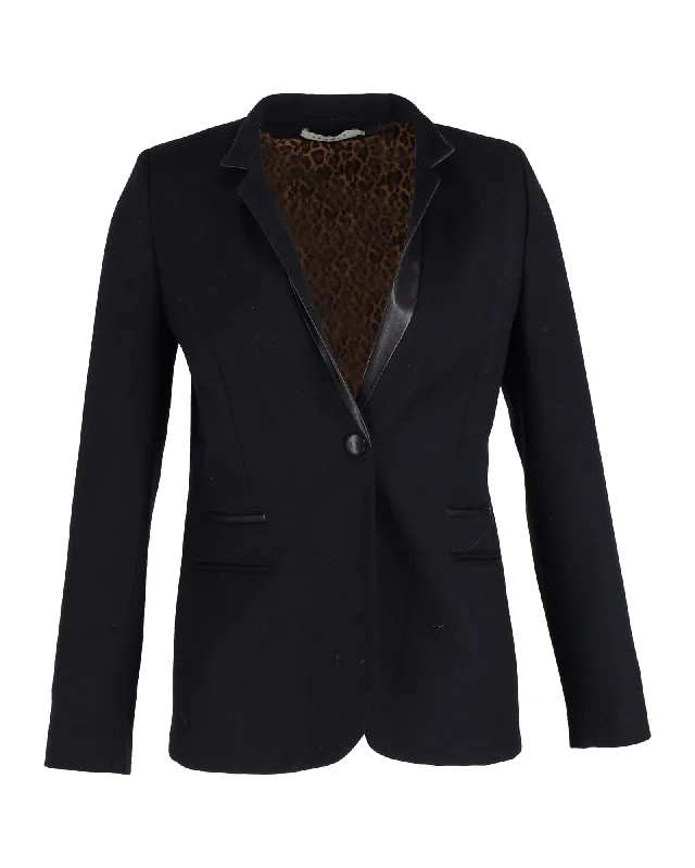 Sandro Suit Jacket with Leather Collar in Black Wool Double-breasted Blazer Jacket