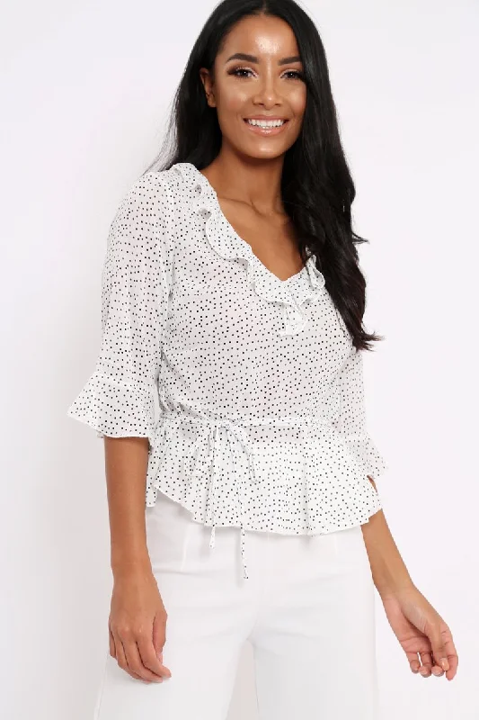 White Ruffle Polka Dot Blouse - Cassie