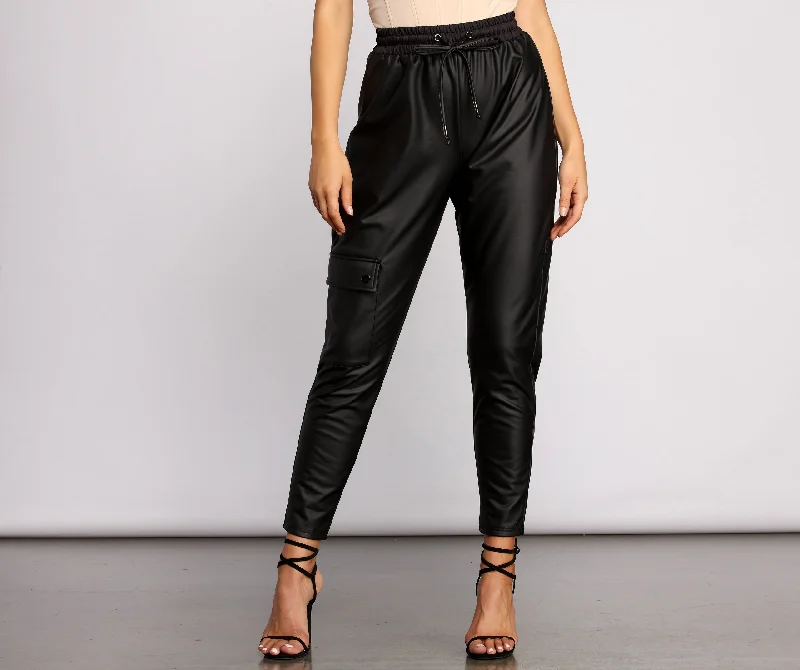 High Waist Faux Leather Cargo Pants