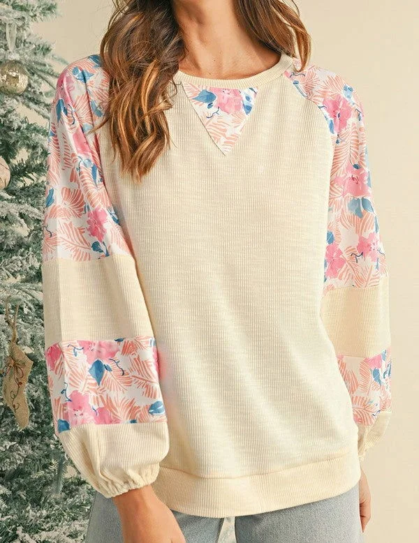 Cotton Ribbed Floral Stitch Balloon Pull Over Loose Fit Hoodie Sweatshirt