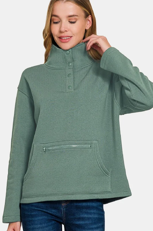 Zenana Turtleneck Half Snap Fleece Sweatshirt In Ash Trendy Sweatshirt Hoodie