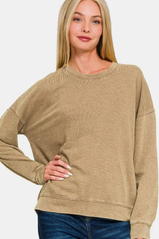 Zenana Washed Round Neck Dropped Shoulder Sweatshirt - Camel Comfy Sweatshirts for Women