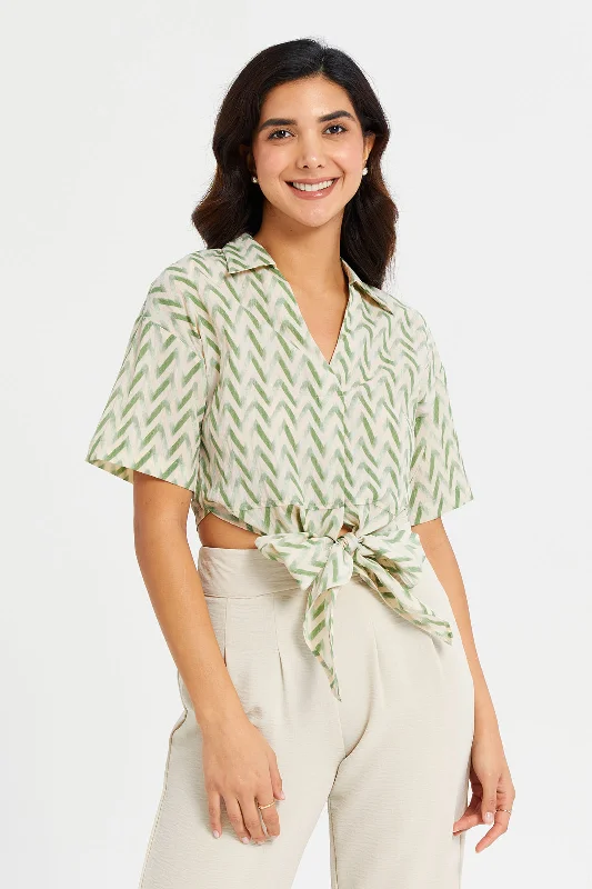 Women Beige And Green Front Tie Printed Blouse