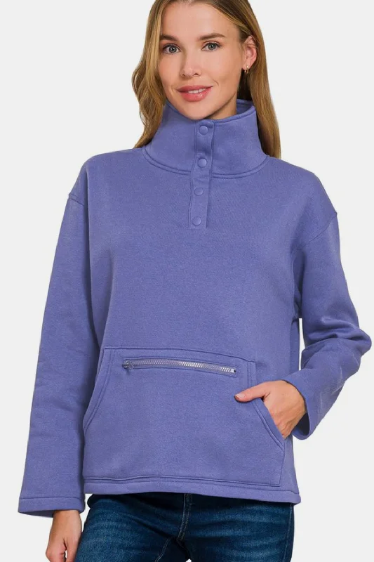 Zenana Turtleneck Half Snap Fleece Sweatshirt In Purple Relaxed Sweatshirt Look