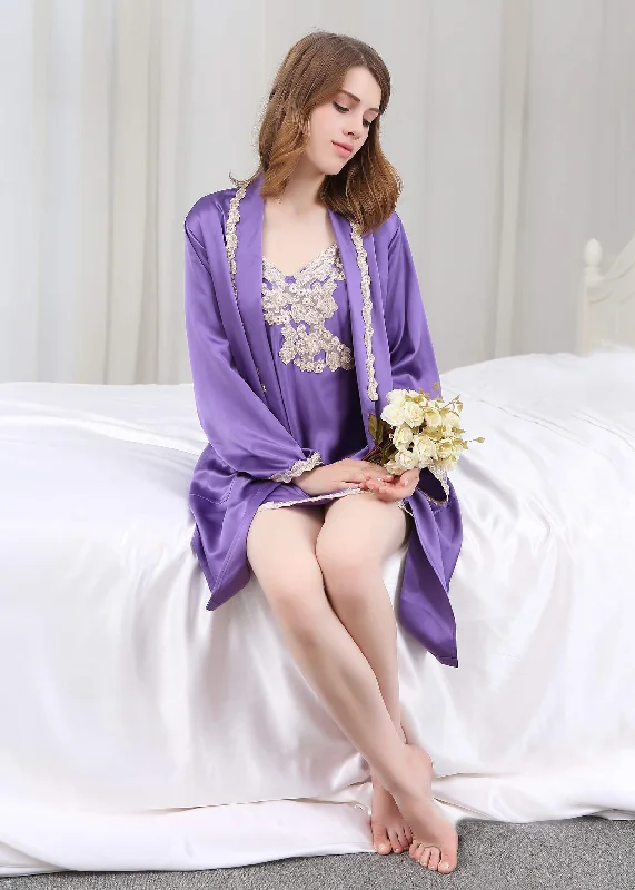 22 Momme Silk Nightgown & Robe Set With Delicate Lace Purple Family matching pajama sets