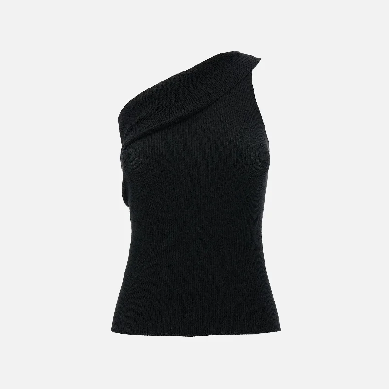 Rick Owens Athena Ribbed One-Shoulder Top - Black Acrylic sweaters