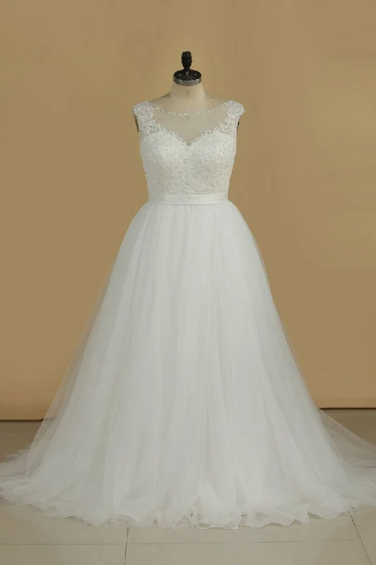 A Line Wedding Dresses Scoop With Applique And Sash Organza Full Length Gown