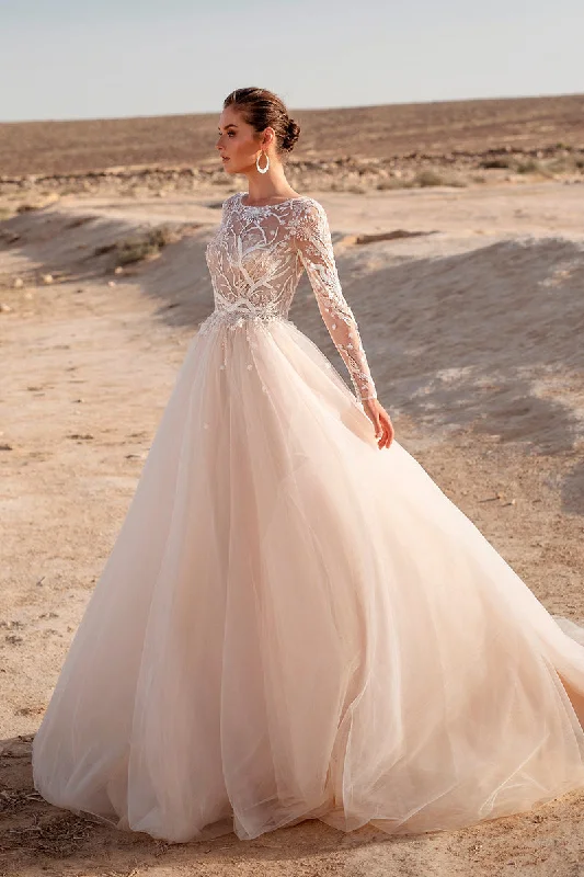 A Line Illusion Neckline Lace Long Sleeves Boho Beach Wedding Dress QW2122 Elegant A-line Gown