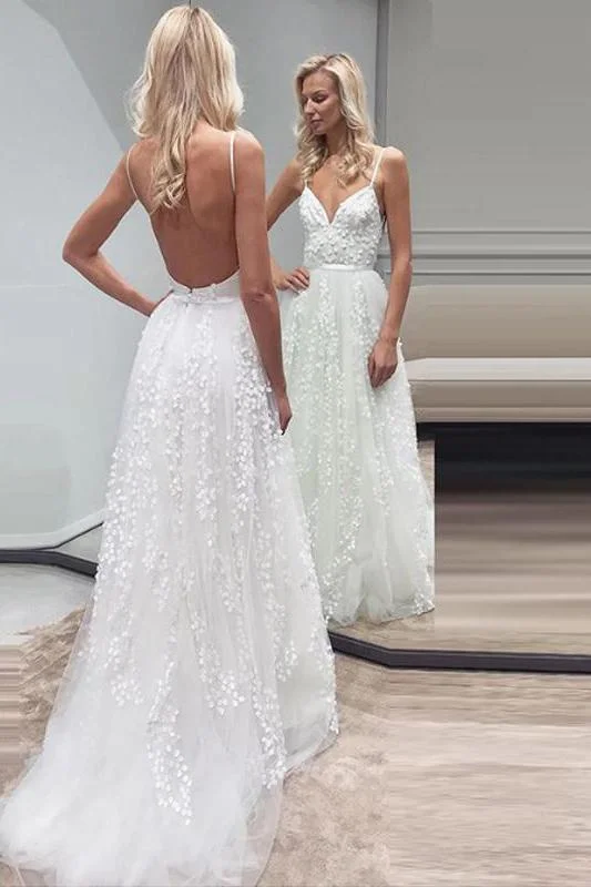 Boho Spaghetti Strap Tulle Beach Wedding Dress With Lace Appliques N1779 Wedding Dress Set