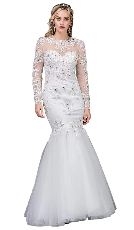 Dancing Queen Bridal - 75 Lace Applique Long Sleeve Trumpet Dress Embroidered Wedding Dress