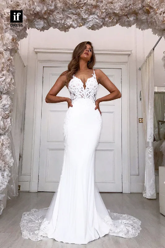 31619 - Spaghetti Straps V-Neck Sleeveless Lace Appliques Beach Wedding Dress Ruffled Wedding Dress