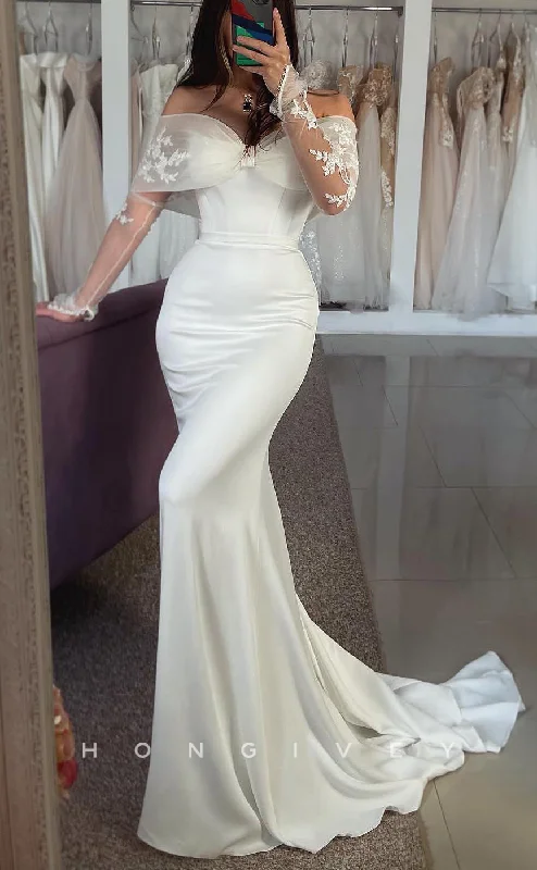 H1699 - Off-Shoulder Long Sleeve Trumpet Appliques Beach Wedding Dress A-line Bridal Dress