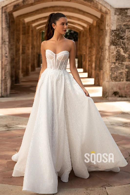 Sweetheart Detachable Long Sleeve Appliques With Train A-Line Wedding Dress  QW8093 Satin Bridal Gown