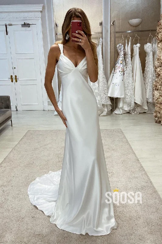 V-Neck Spaghetti Straps Sleeveless Open Back With Train Beach Wedding Dress QW8094 Satin Bridal Gown