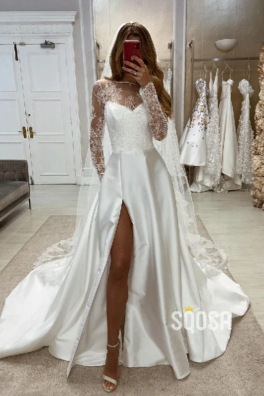 Chic Satin A-Line Lace Long Sleeves Appliques With Side Slit Train Wedding Dress QW8095 Modern Bridal Gown