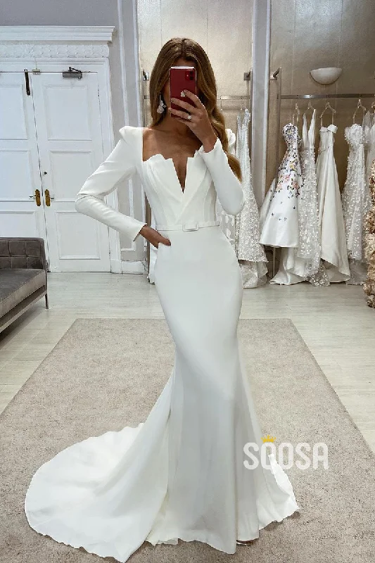 Satin Trumpet Long Sleeve Belt With Train Beach Wedding Dress QW8096 Soft Lace Gown