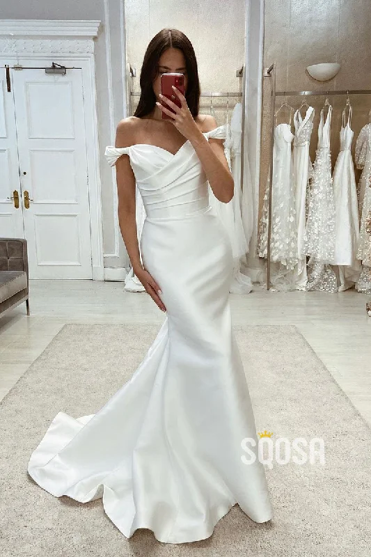 Satin Off-Shoulder Sleeveless Pleats Trumpet With Train Wedding Dress QW8097 Lace Train Dress