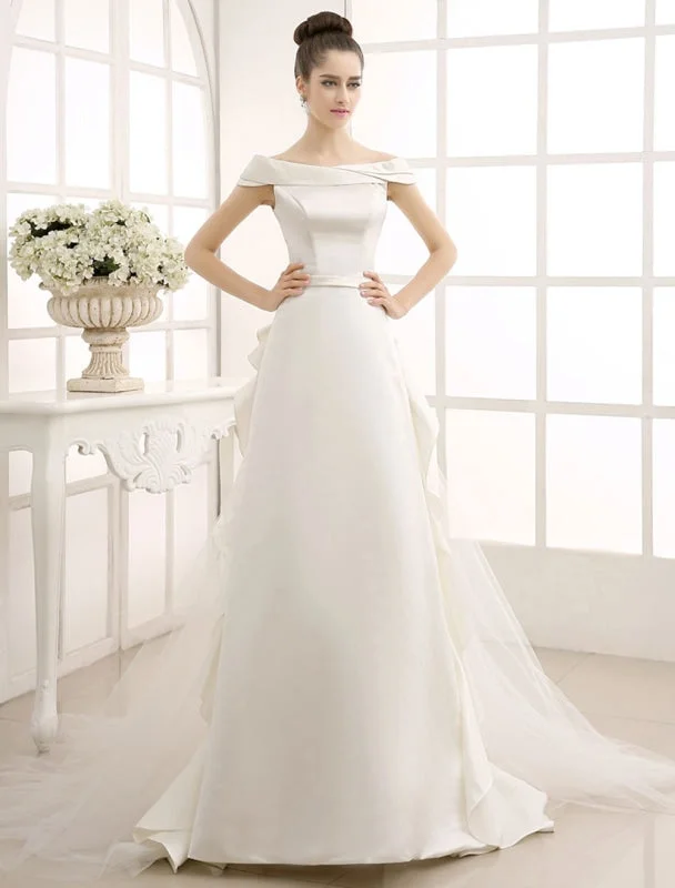 Ivory A-Line Sweep Bridal Wedding Dress With Off-The-Shoulder Ruffles Exclusive Floral Wedding Gown