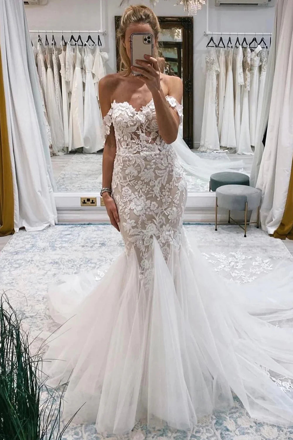 Ivory Off the Shoulder Long Lace Mermaid Wedding Dress Timeless Wedding Dress