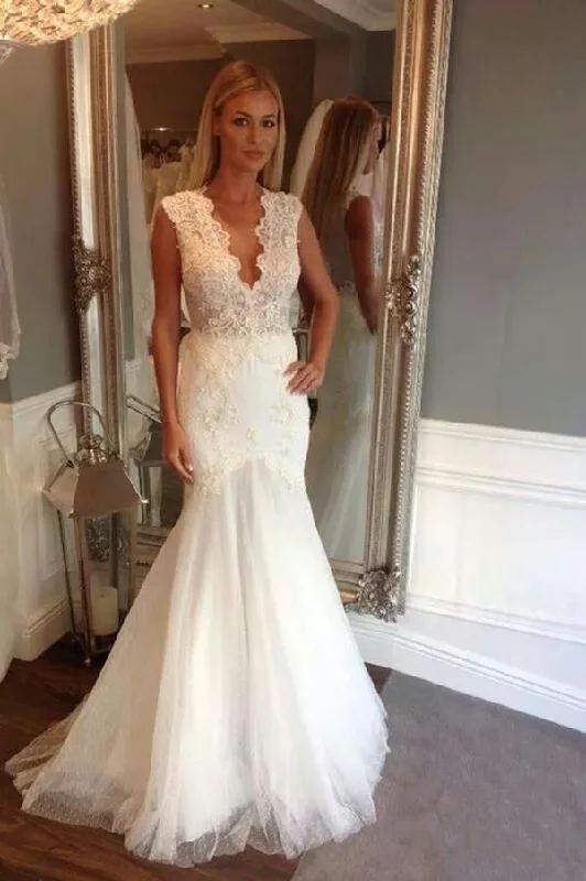 Ivory V Neck Sleeveless Mermaid Wedding Dress Long Tulle Bridal Dress With Appliques N940 Sheer Wedding Dress