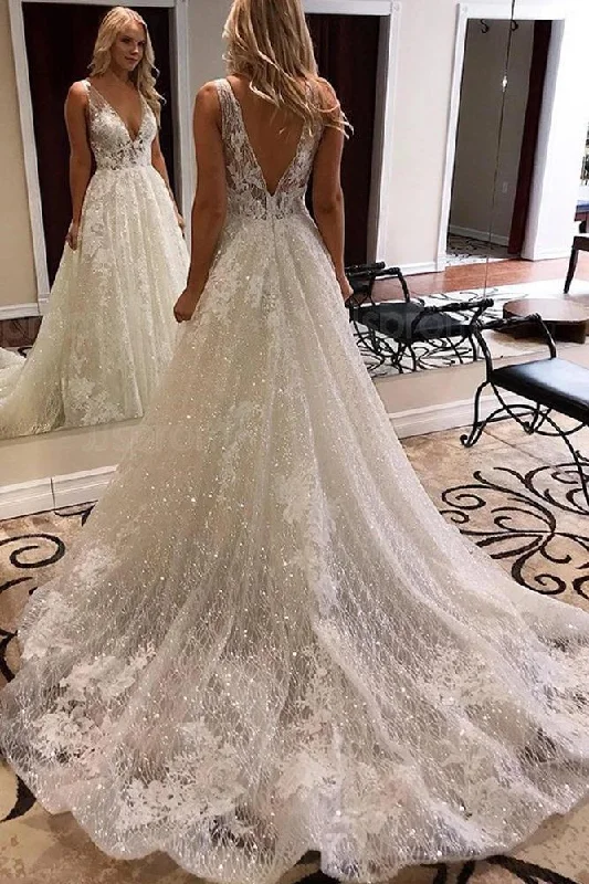 Newest V-neck Backless Ivory Saprkly Lace Wedding Dress Bridal Gowns Y0034 Wedding Gown Set