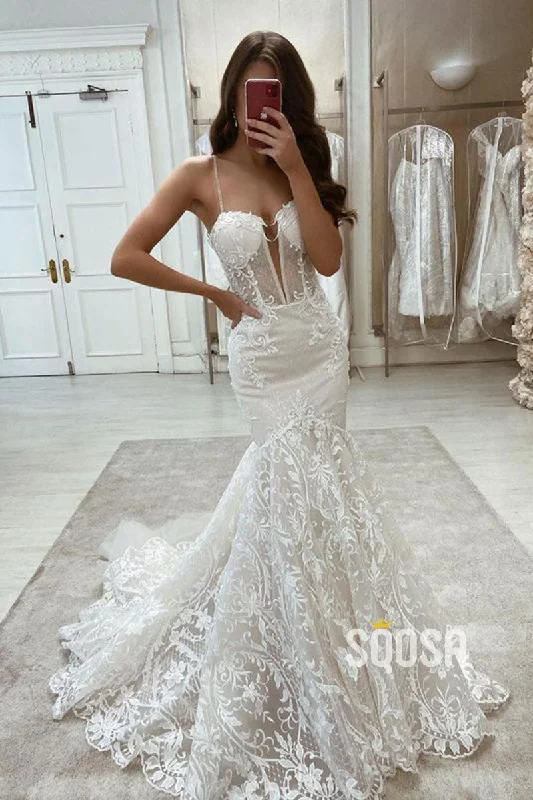 Spaghetti Straps Deep V-Neck Mermaid Lace Wedding Dress Bridal Gown QW0952 Sparkling Bridal Gown