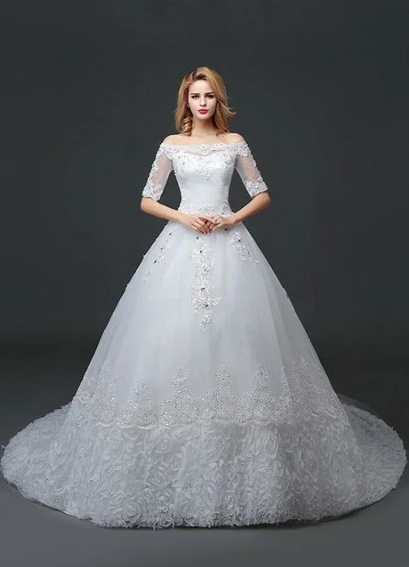 Princess Wedding Dress Off The Shoulder Lace Beading Bridal Gown White Half Sleeve Ball Gown Bridal Dress With Cathedral Train Satin Lace Gown