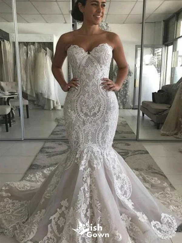 Romantic Mermaid Sweetheart Sleeveless With Trailing Applique Popular Bridal Long Wedding Dresses, WDH125 Chic Wedding Gown