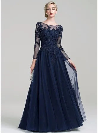 Scoop Neck A-Line Floor-Length Tulle Mother of the Bride Dress with Beading Sequins for Wedding Party Custom Made Illusion Lace Gown