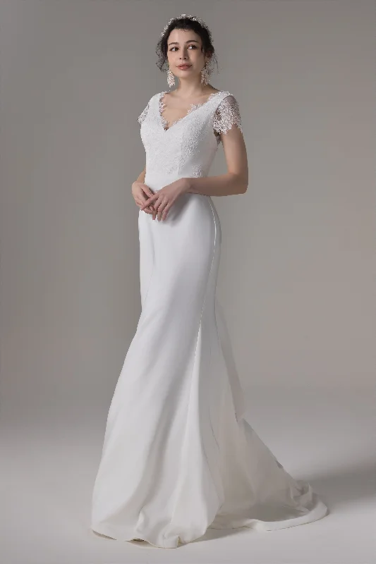 Sheath Sweep-Brush Train Elastic Cloth Wedding Dress CW2657 Beaded Wedding Gown