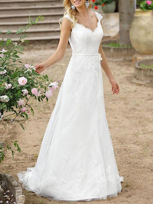 Simple Wedding Dress A Line V Neck Sleeveless Sash Floor Length Bridal Gowns With Train Sparkling Bridal Gown