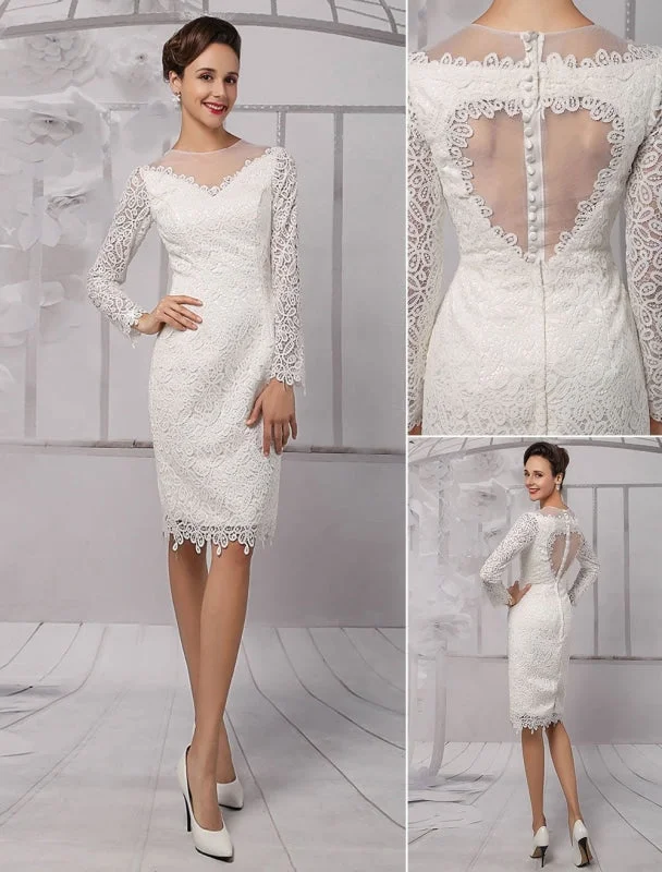 Simple Wedding Dresses 2021 Short Long Sleeve Illusion Neckline Koyhole Knee Length Sheath Bridal Dress Exclusive Strapless Lace Dress