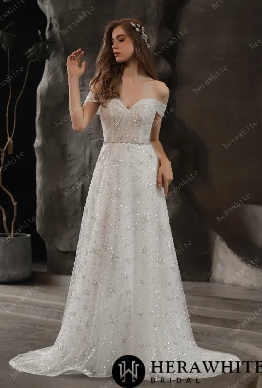 Sparkly Beaded Lace A-Line Bridal Gown With Off the Shoulder Neckline Sleeveless Bridal Gown